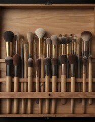 A collection of makeup brushes in a wooden case, makeup brush cases, cosmetic storage