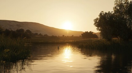 Obraz premium Serene sunset over tranquil countryside lake nature scene evening glow peaceful environment