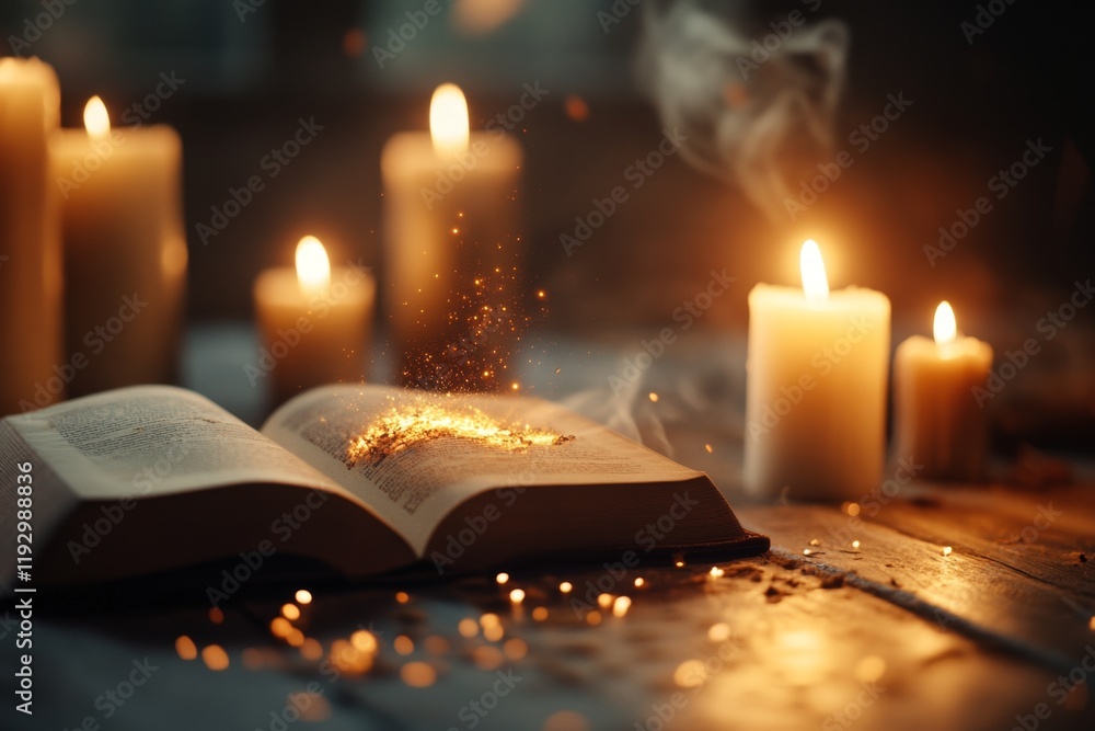 Poster a dark depiction of uv light exposing hidden glowing text in a dusty old book, with candles casting 