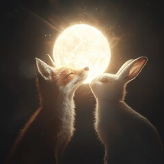 Moonlit encounter fox and rabbit beneath the glowing moon night nature scene tranquil atmosphere close-up view