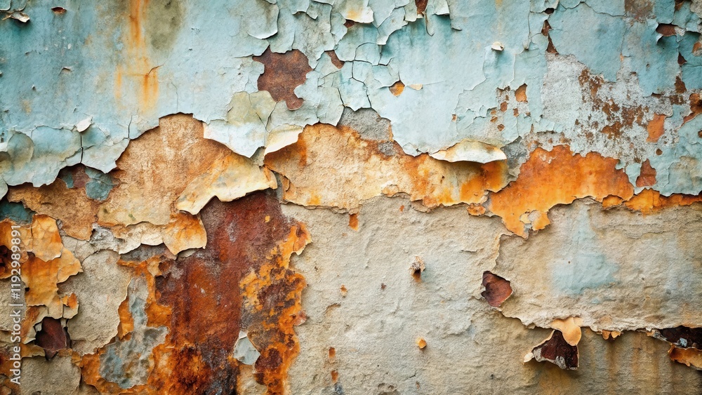 Poster Rustic Weathered Surface Texture Peeling Paint and Oxidized Metal Showing Layers of Age and Decay