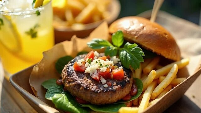 Hamburguesa artesanal con queso feta y tomate acompa&ntilde;ada de papas fritas