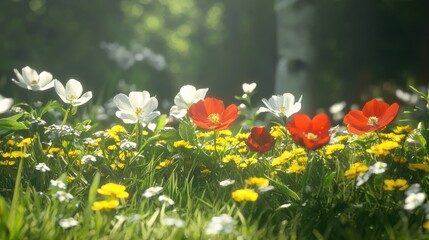 Spring blooms in nature sunlit flower field vibrant colors tranquil environment close-up view seasonal change concept