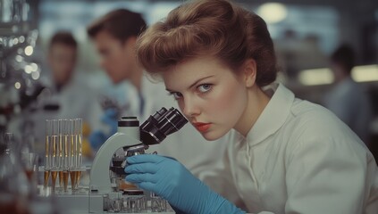 Focused Female Scientist Analyzing Samples Under Microscope in a Modern Laboratory with Test Tubes and Equipment