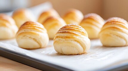 Tray of assorted pastries including freshly made chinese pineapple buns on a wooden table