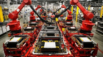 High-tech factory setting featuring industrial robotic arms meticulously assembling battery components, showcasing a clean and organized assembly line in the background.
