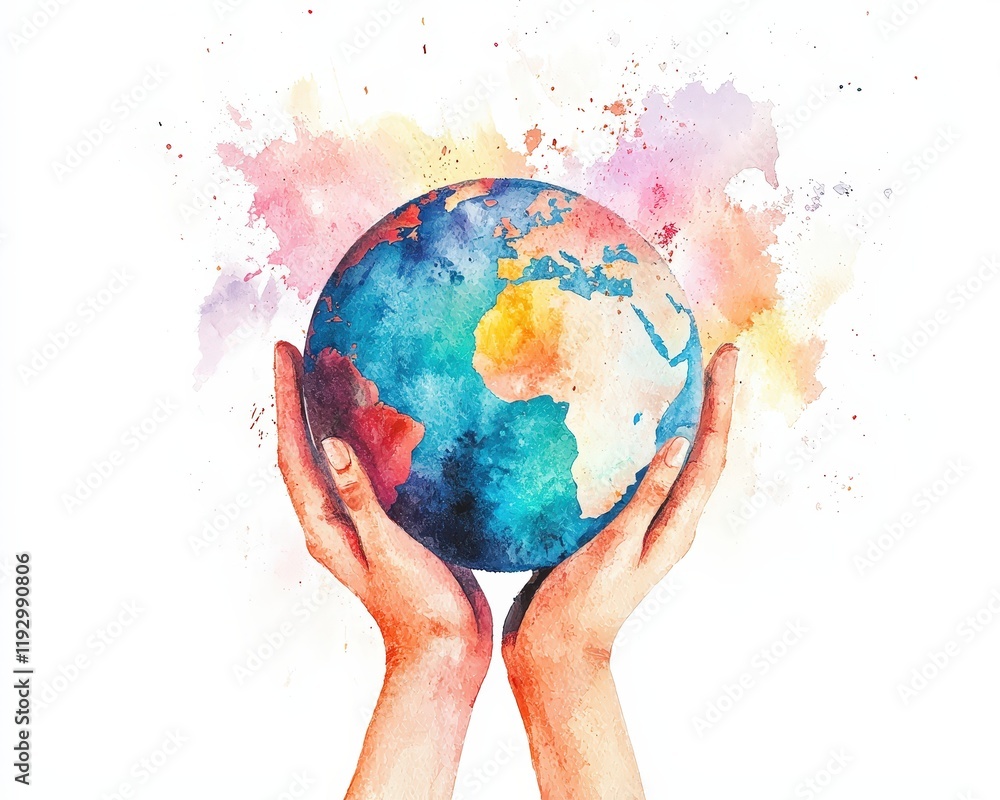Poster earth with hands lifting it up, surrounded by symbols of inclusion and unity