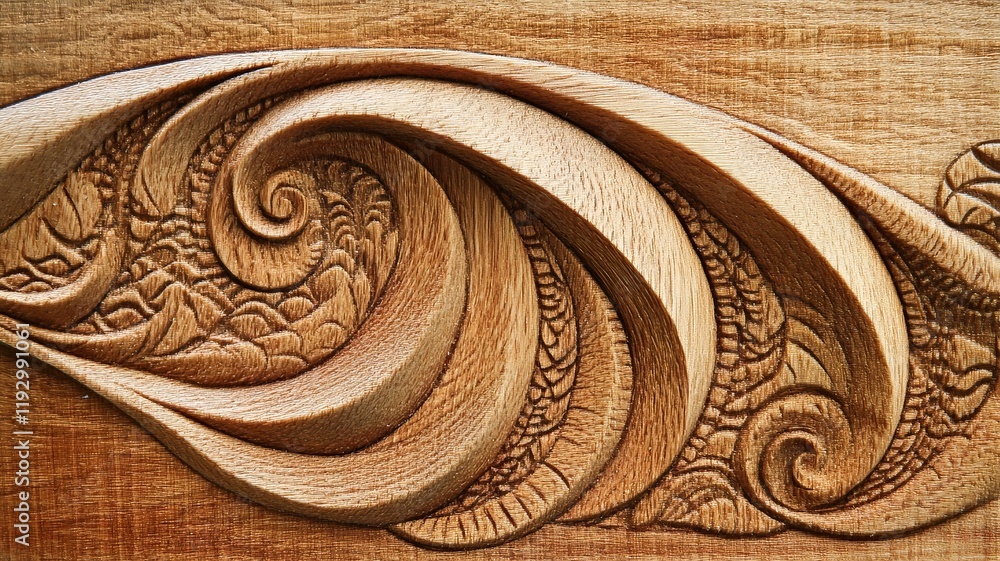 Poster captivating carved wave patterns in smooth pinewood plank for modern minimalist design