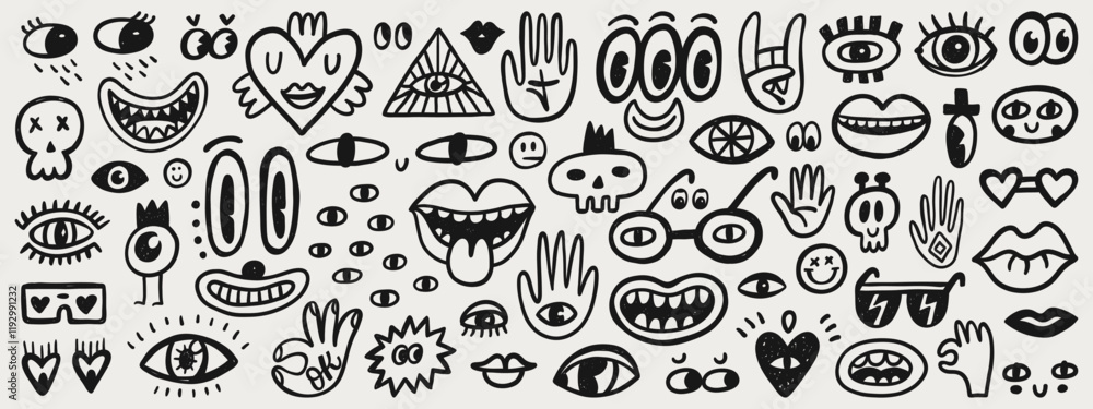 Wall mural Cute doodle cartoon characters, eyes, mouths and mascot elements. Hand drawn vector set. Cartoon faces collection