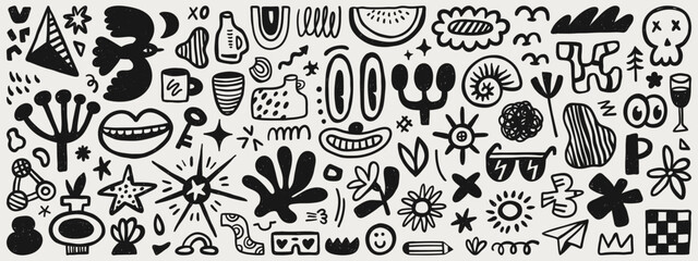 Cute doodle cartoon characters and abstract elements. Hand drawn vector set. Illustration elements for decor, pattern, poster, card or sticker design.