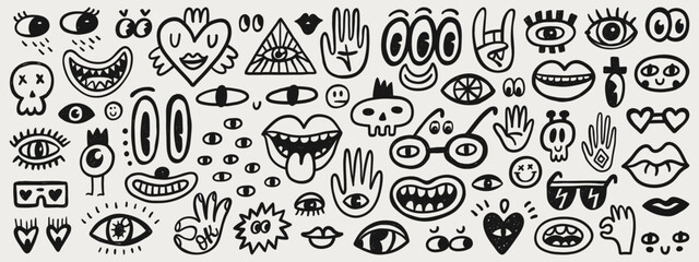 Cute doodle cartoon characters, eyes, mouths and mascot elements. Hand drawn vector set. Cartoon faces collection