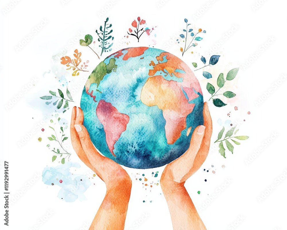 Poster earth with hands lifting it up, surrounded by symbols of inclusion and unity