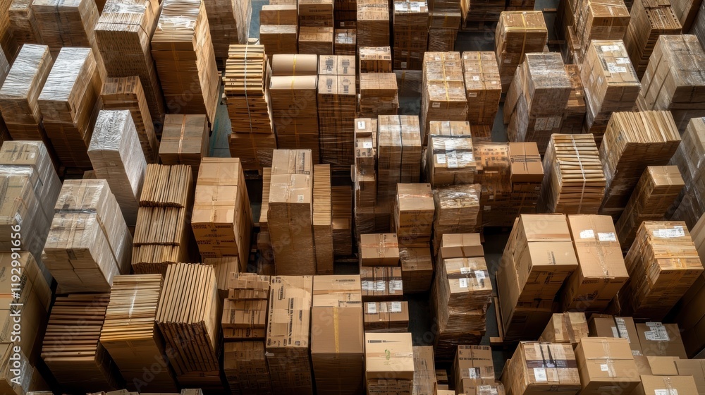 Poster countless cardboard boxes are neatly stacked in a large distribution warehouse, forming a structured