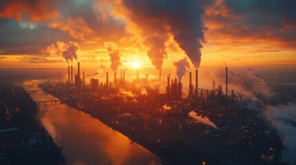 Fototapeta premium Aerial View of Industrial Complex at Sunset with Smoke Stacks and Reflections on Water Illuminated by Orange and Blue Sky, Capturing Environmental Impact and Urban Landscape