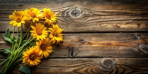 Fototapeta premium Rustic Wooden Background Featuring a Bouquet of Vibrant Yellow Sunflowers