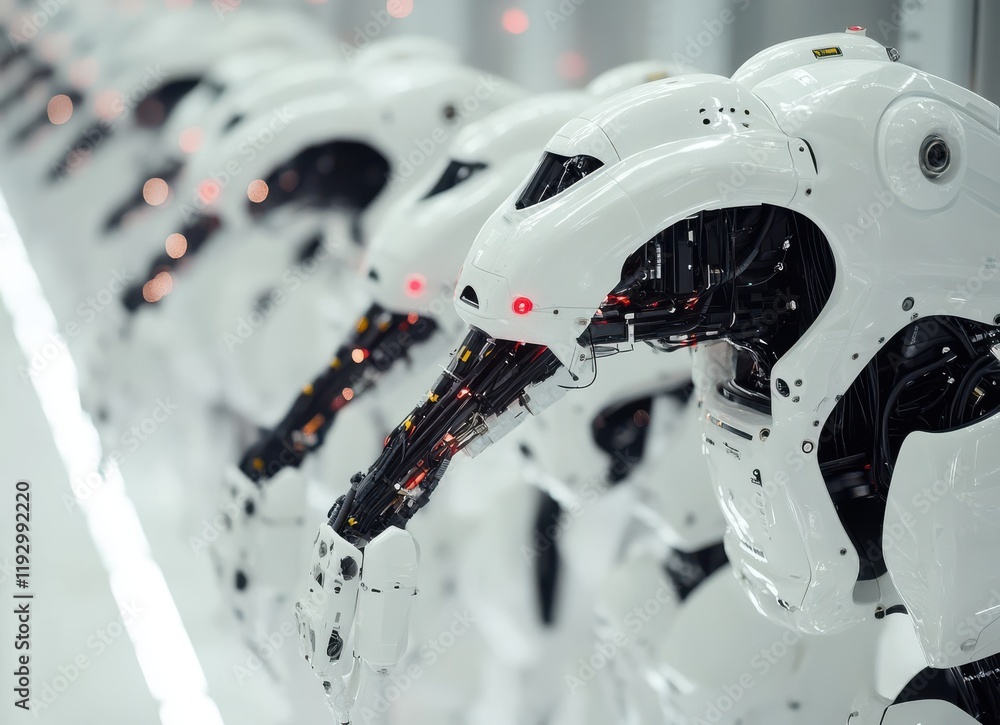 Poster futuristic array of advanced humanoid robots with sleek white designs and intricate mechanical detai