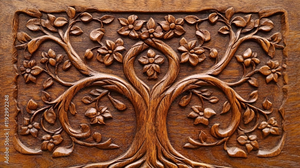 Poster intricate rustic wood carving of a symbolic tree with intertwined branches and roots