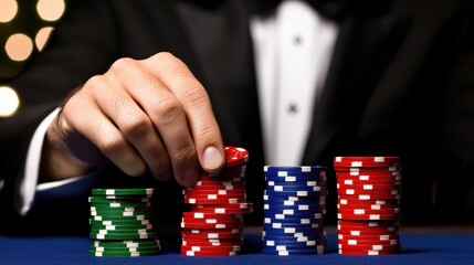 Naklejka premium Man in Tuxedo Placing Poker Chips on Table Gambling Casino Risk Concept