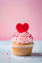 A cute Valentine's cupcake with a heart sugar icing on pastel background with copy space