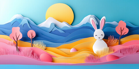 A stylized 3D paper cut art illustration depicts a white Easter bunny in a vibrant landscape of rolling hills, mountains, and a large yellow sun.