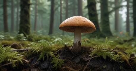 Fototapeta premium A lone mushroom pushes through the undergrowth near a fallen branch on a forest floor, forest floor, branch fall