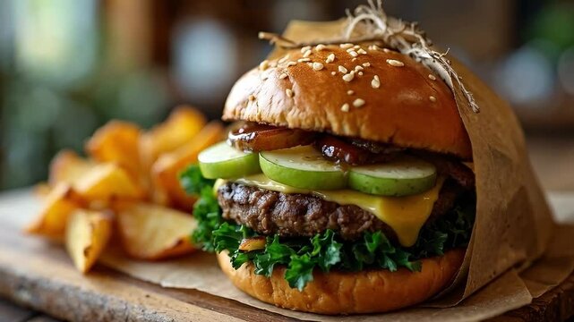 Hamburguesa gourmet con queso derretido, manzana verde y champi&ntilde;ones caramelizados