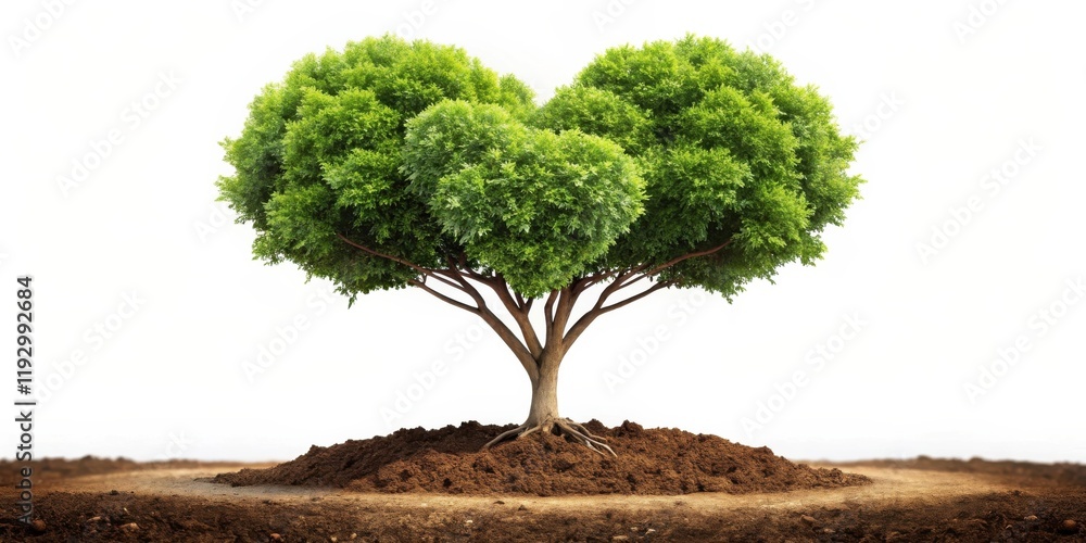 Poster a vibrant, lush green tree with a thick trunk and extensive root system, firmly planted in rich brow