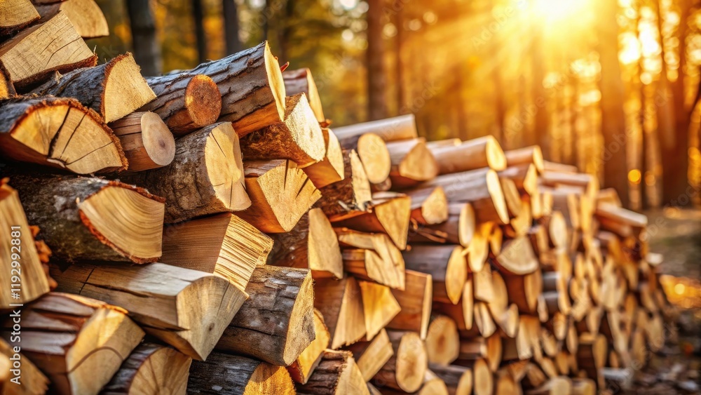 Poster golden hour firewood stack a sunlit pile of neatly stacked wood logs in a forest setting