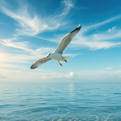 Fototapeta premium A lone seagull soars overhead as it scans the shoreline for food, coastline, birds in flight, ocean view, natural world