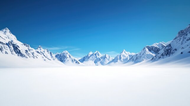 Large snowy mountain landscape with frozen tundra and distant peaks under clear blue sky