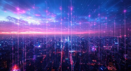 Obraz premium Futuristic City Skyline at Dusk with Abstract Light Trails and Vibrant Purple and Blue Sky, Showcasing a High-Tech Urban Environment of Tomorrow