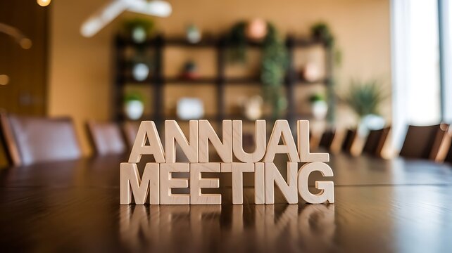 Wooden annual meeting signage on a conference table for business presentations or documents