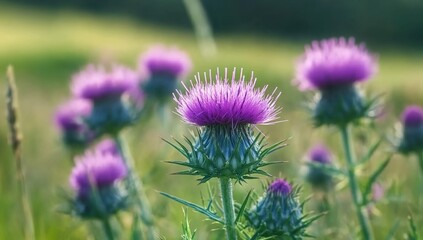 A close-up of vibrant purple thistle flowers blooming in an open field, with green leaves and a soft-focus background. 
