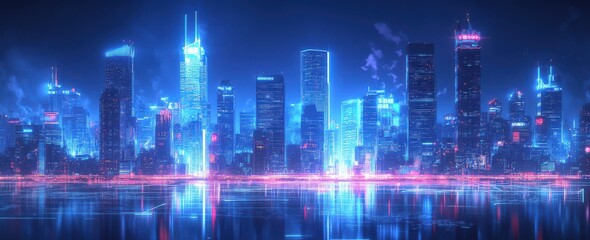 Futuristic city skyline at night with glowing skyscrapers reflecting in the water, creating a vibrant and colorful urban landscape illuminated by neon lights