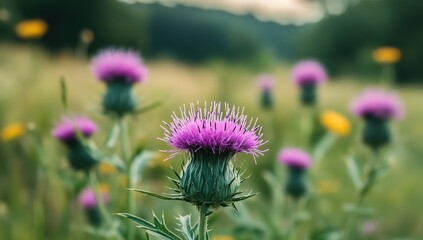 A close-up of vibrant purple thistle flowers blooming in an open field, with green leaves and a soft-focus background. 