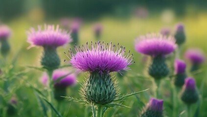 A close-up of vibrant purple thistle flowers blooming in an open field, with green leaves and a soft-focus background. 