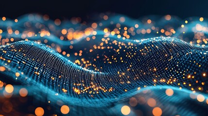 A blue and orange wave of light with many small dots