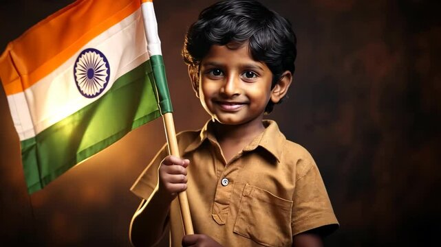 A young boy holds the Indian flag with pride and smiles warmly. This video captures the essence of patriotism and joy, making it perfect for Indian Independence Day celebrations.