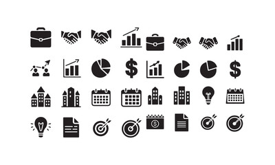 A collection of black-and-white vector icons representing business, finance, and corporate elements.
