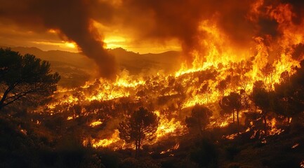 A wide shot of a fire on one side of a mountain, burning trees and shrubs. 