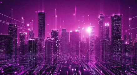 Futuristic Cityscape at Night with Digital Elements in Vibrant Purple and Pink Tones, Depicting Technology, Innovation, and Urban Life in a Modern Setting