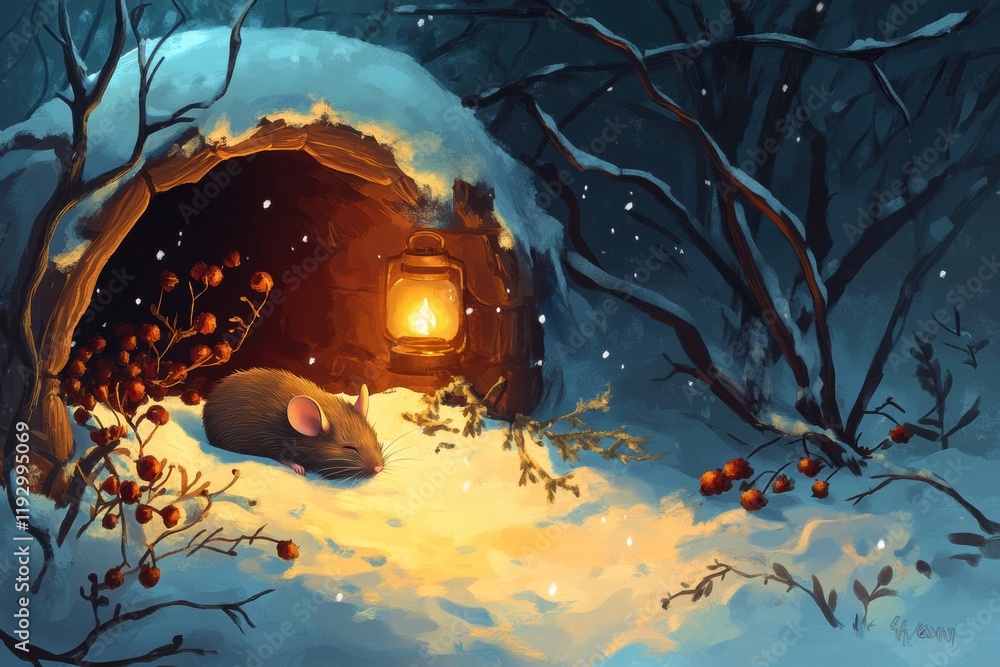 Aufkleber cozy winter scene featuring a mouse resting by a warm lantern in a snow covered burrow at night. gen