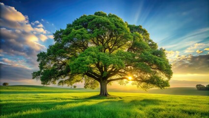 A majestic oak tree stands proudly in a sunlit clearing surrounded by a carpet of vibrant green grass, nature, landscape, leaves, wood