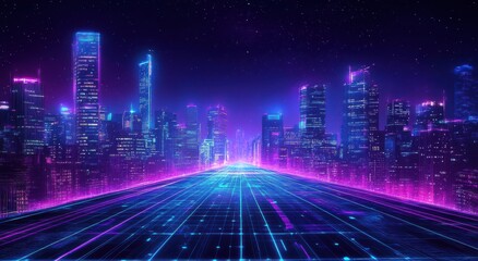 Futuristic Cityscape at Night with Neon Lights and High-Tech Aesthetic Overlooking a Grid Road Surrounded by Skyscrapers and Starry Sky in Vibrant Colors