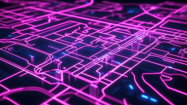 A 3D render of a city map with glowing pink lines on a dark blue surface, showcasing urban planning and design