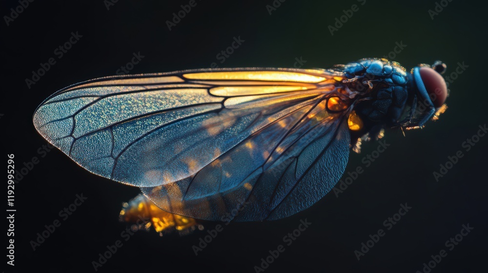 Poster detailed close up of a fly's wings showing the intricate cellular structure in golden light