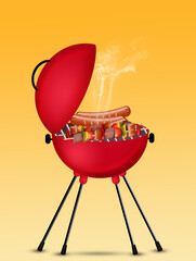 illustration of sausages on red barbecue