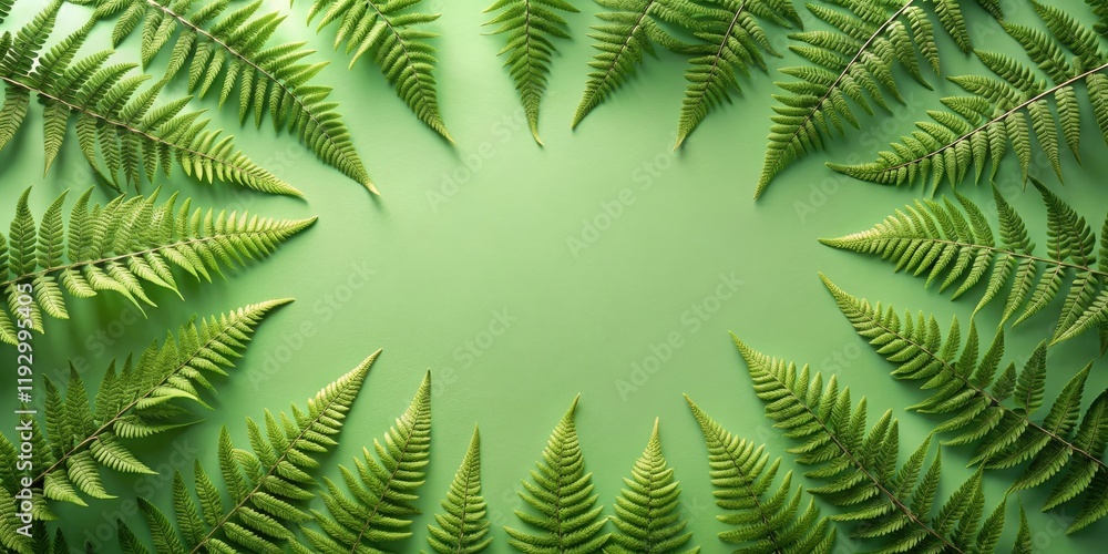 Poster A vibrant green backdrop features a symmetrical arrangement of fern fronds, creating a natural frame perfect for text or images.