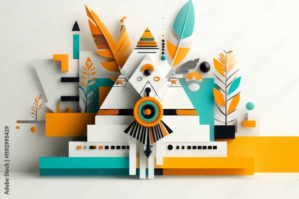 Aufkleber A flat design of Uxmal pyramid with Aztec-inspired geometric patterns, rendered in bold lines and a modern aesthetic