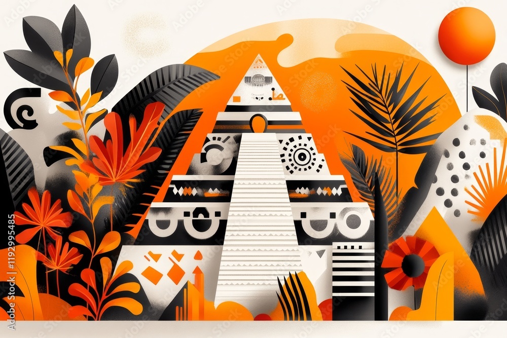 Poster a flat design of uxmal pyramid with aztec-inspired geometric patterns, rendered in bold lines and a 
